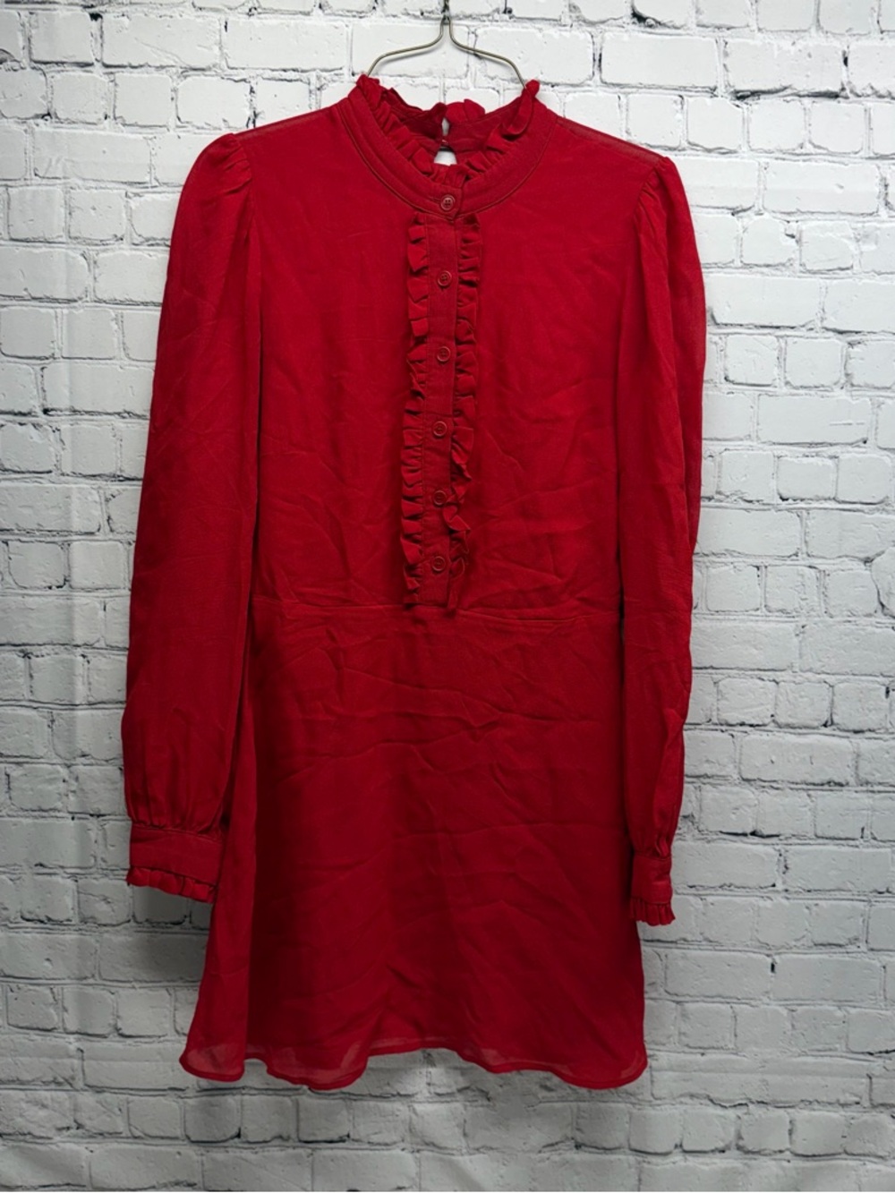 Reformation Mathilda Red Ruffle-Front Long Sleeve Mini Dress size 4 - Picture 2 of 8